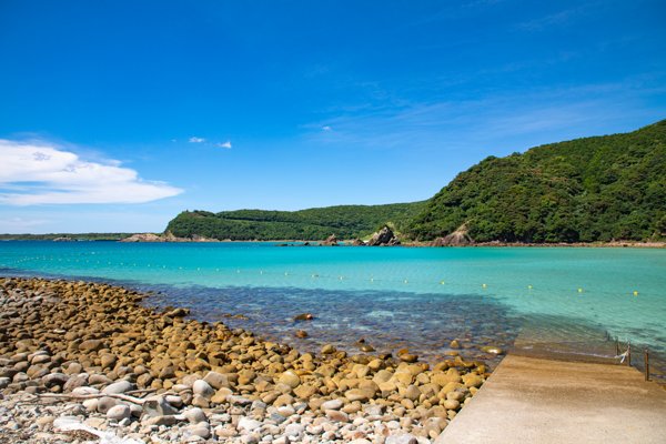 小石のビーチとブイが浮かぶエメラルドグリーンの頓泊海水浴場