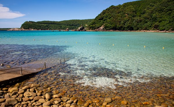 岩場の海岸と透明なエメラルドグリーンの頓泊海水浴場